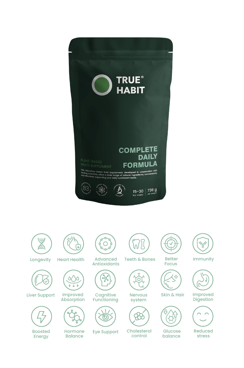 True Habit Complete Daily Formula packaging with icons for benefits such as teeth and bones, immunity, digestion, heart health, and energy (transparent)