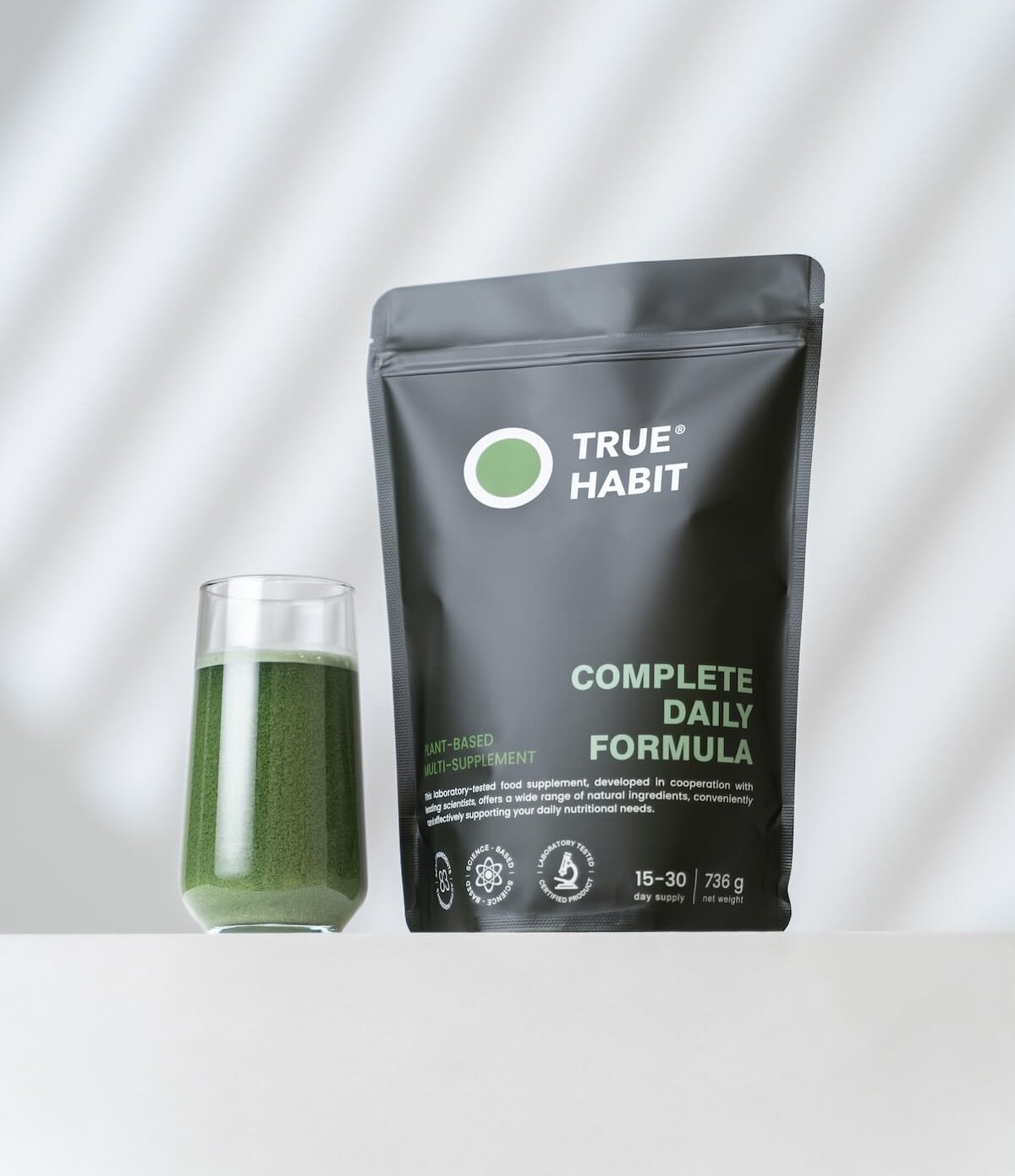 True Habit product and prepared drink, highlighting reliability, confidence, and investment in health.